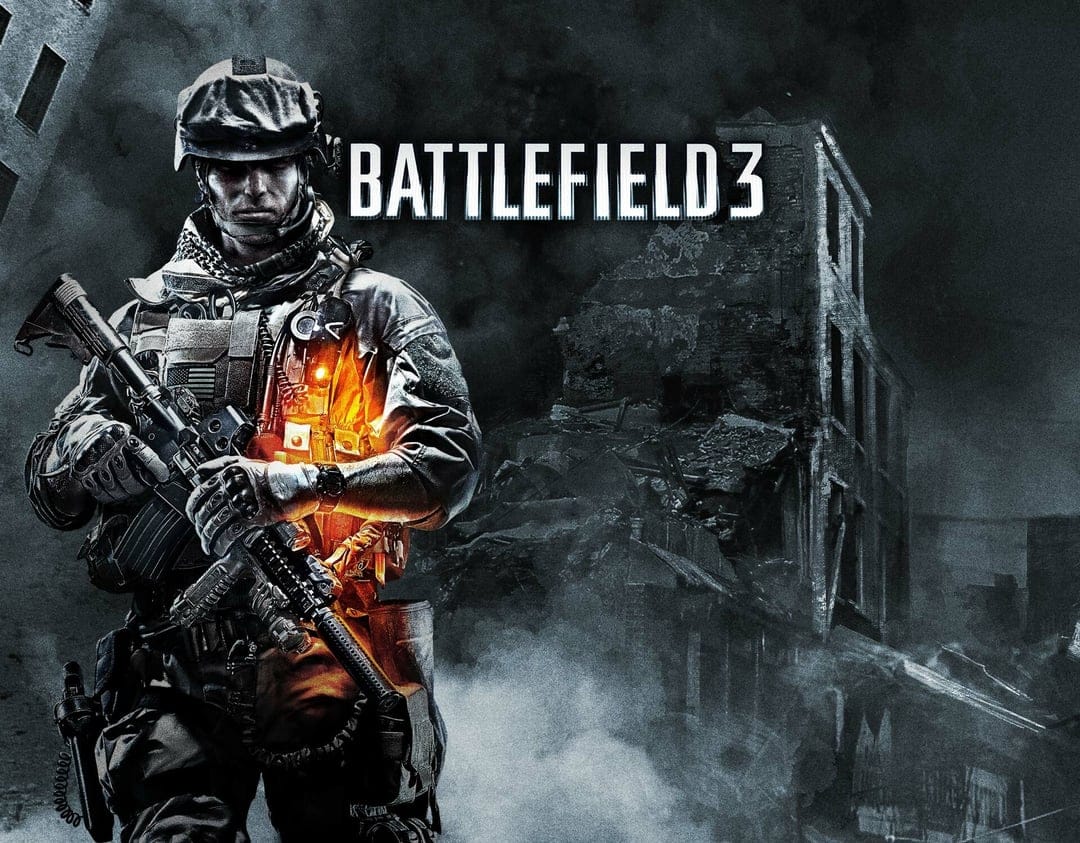 Soldier in tactical gear holding a rifle with orange glowing light against dark urban ruins.