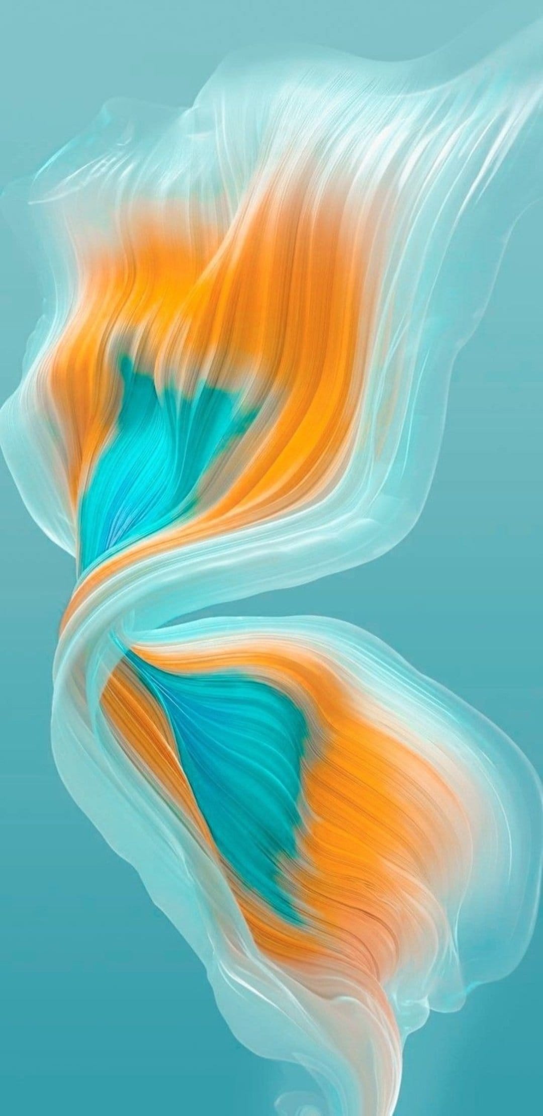 Orange and teal fluid ribbons swirl together against a light blue background in a vertical wavy motion pattern.