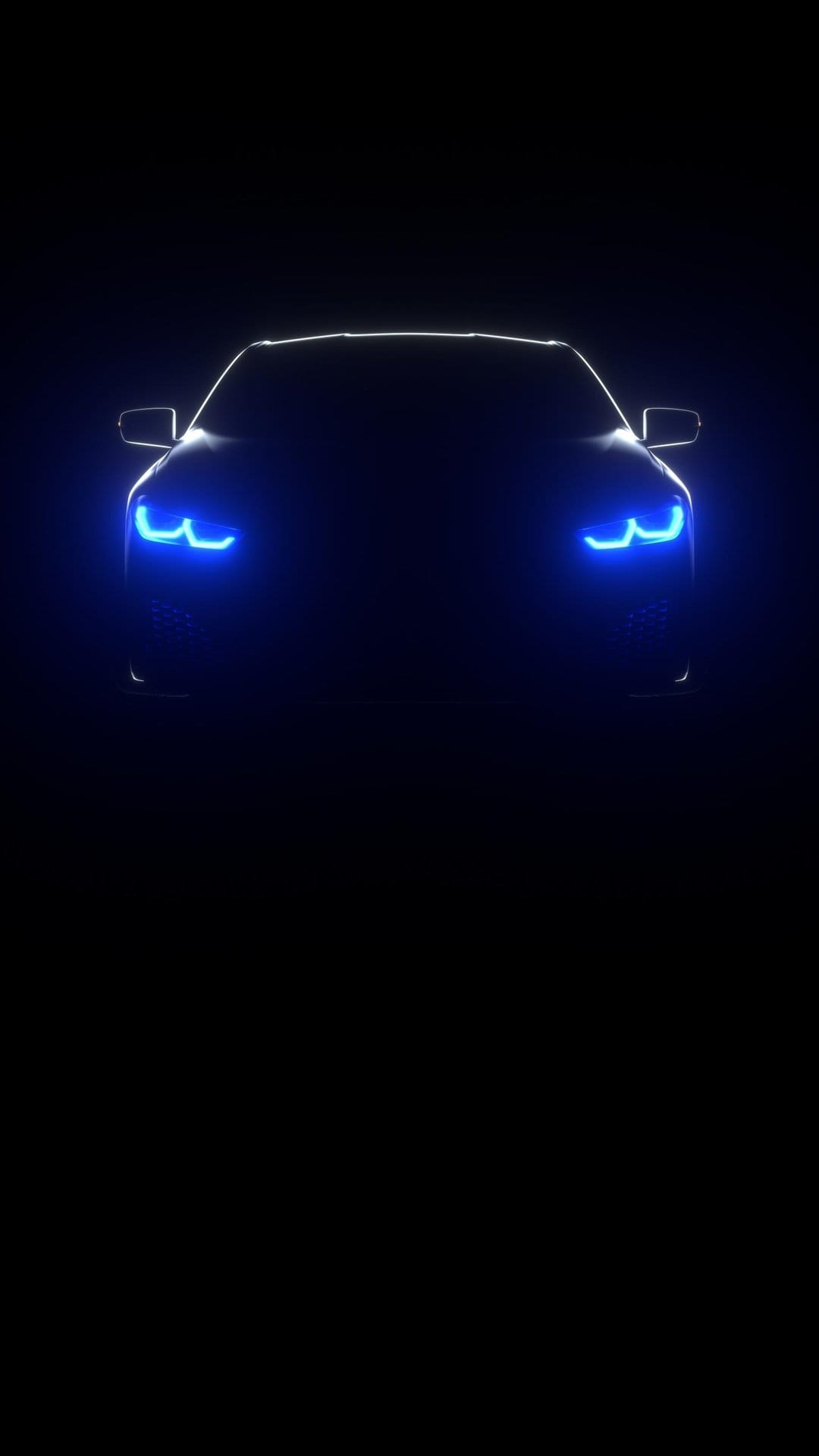 Futuristic car silhouette with sharp blue LED headlights glowing against a deep black atmospheric background.