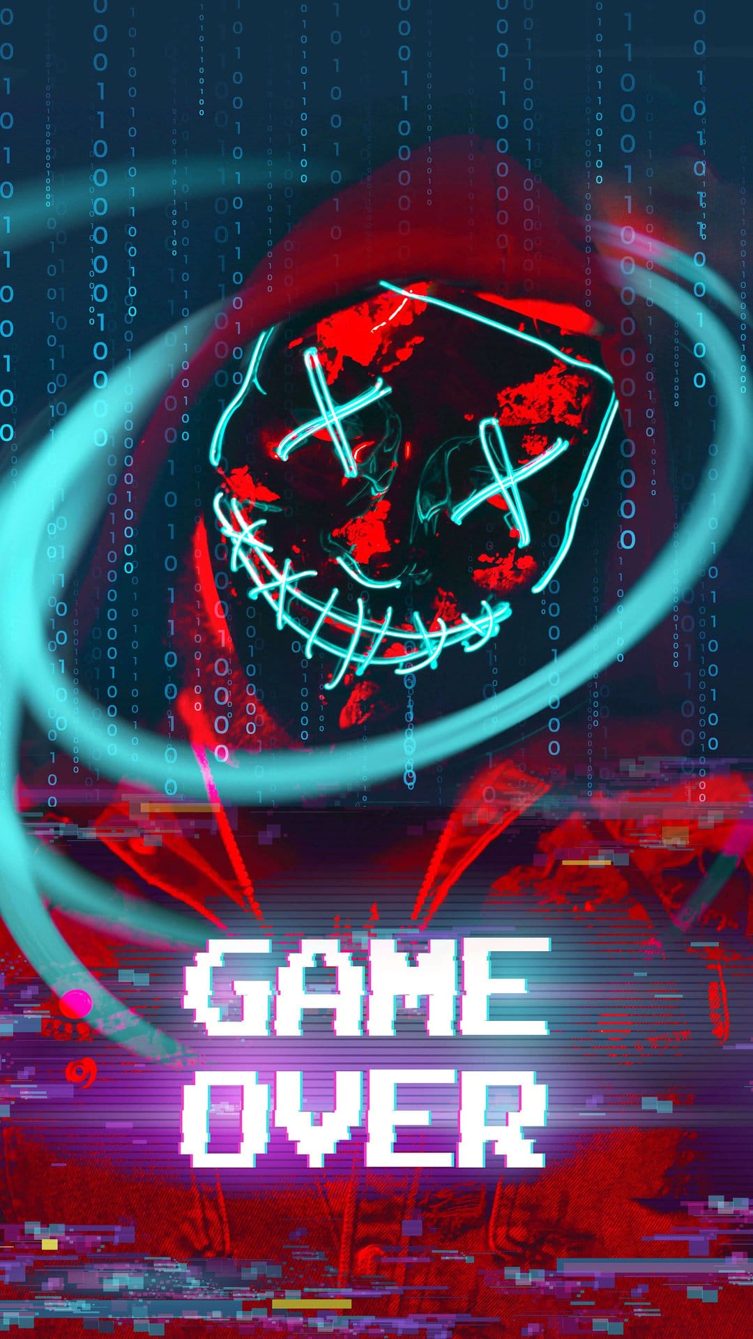 Neon blue mask glowing amidst falling binary code and pixelated Game Over text with purple glitch distortion.