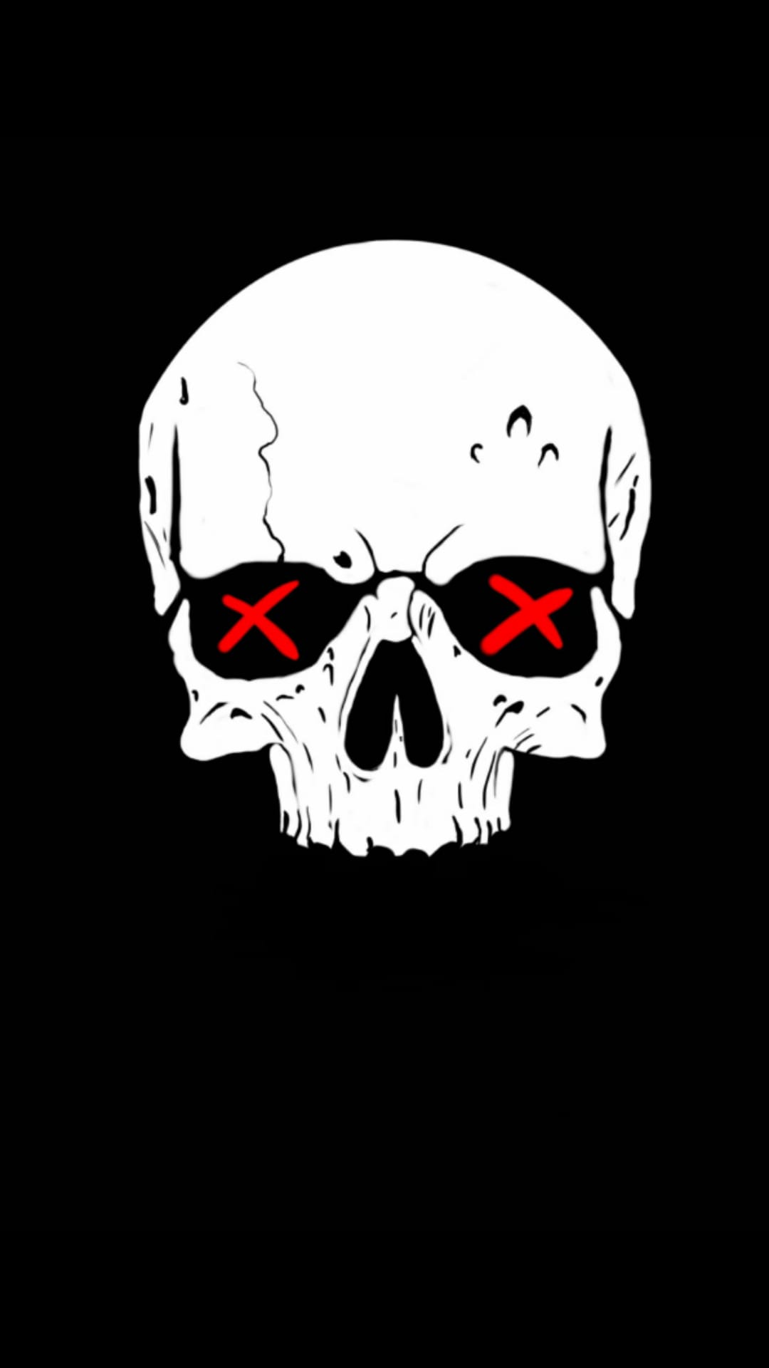 White human skull featuring two red X marks in the eye sockets centered on a solid pitch-black background.