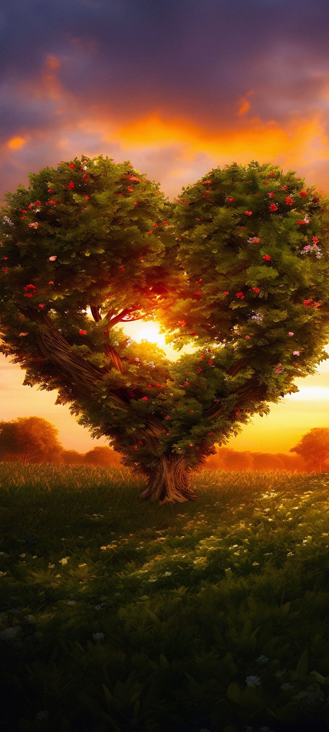 Heart-shaped tree standing in a flowery meadow during a vibrant orange and purple sunset with scattered clouds.