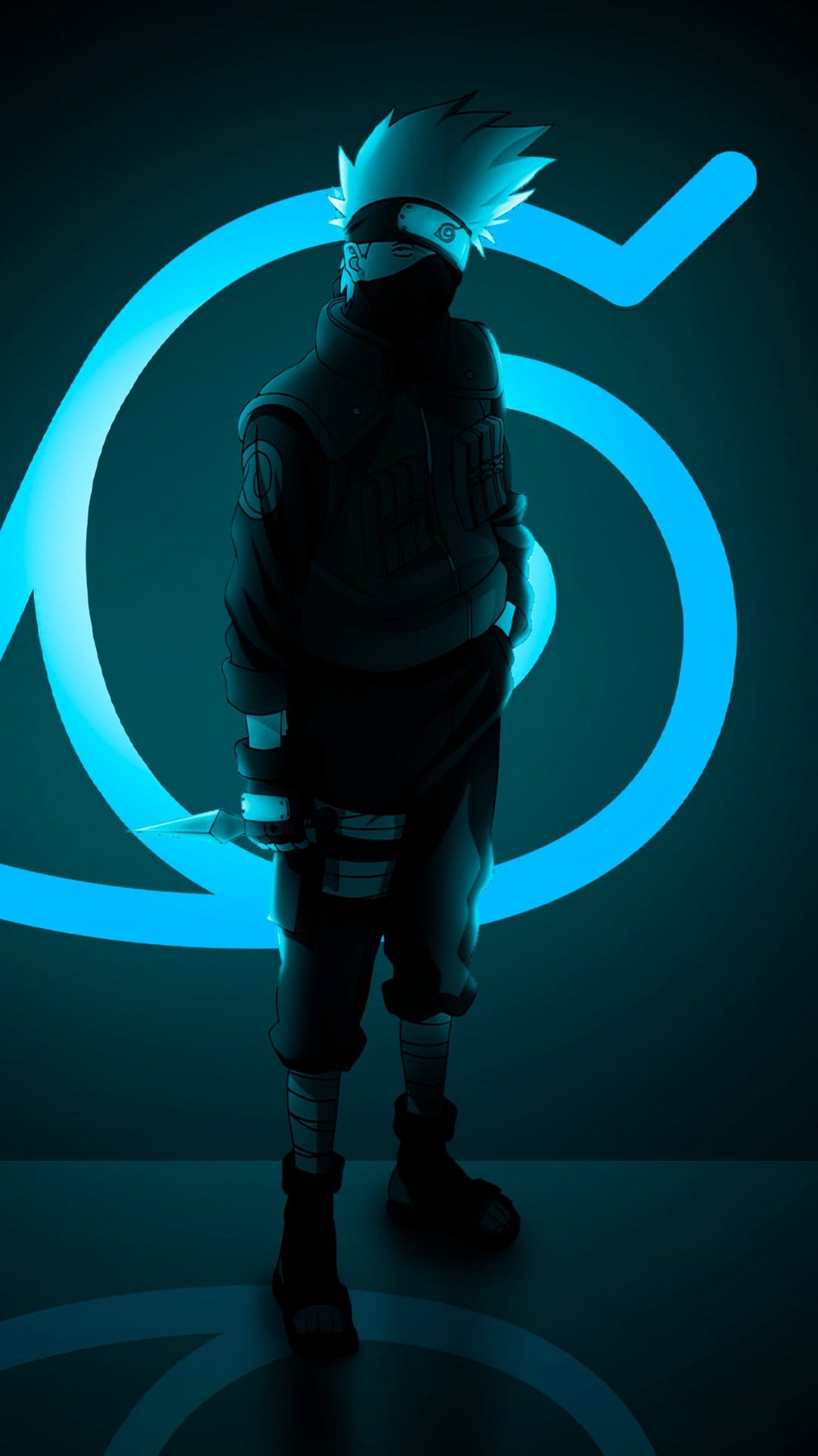 Kakashi Hatake in Anbu gear holds a kunai, silhouetted by vibrant neon blue light against a dark background.