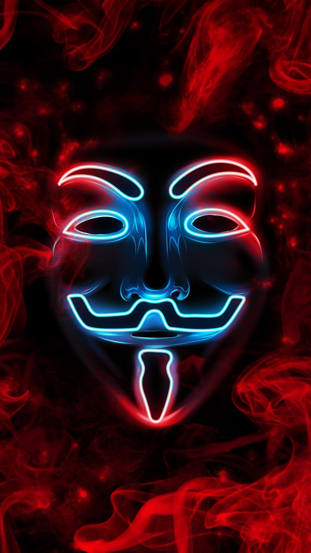 Guy Fawkes mask with glowing neon blue and red outlines surrounded by swirling crimson smoke and tiny sparks.