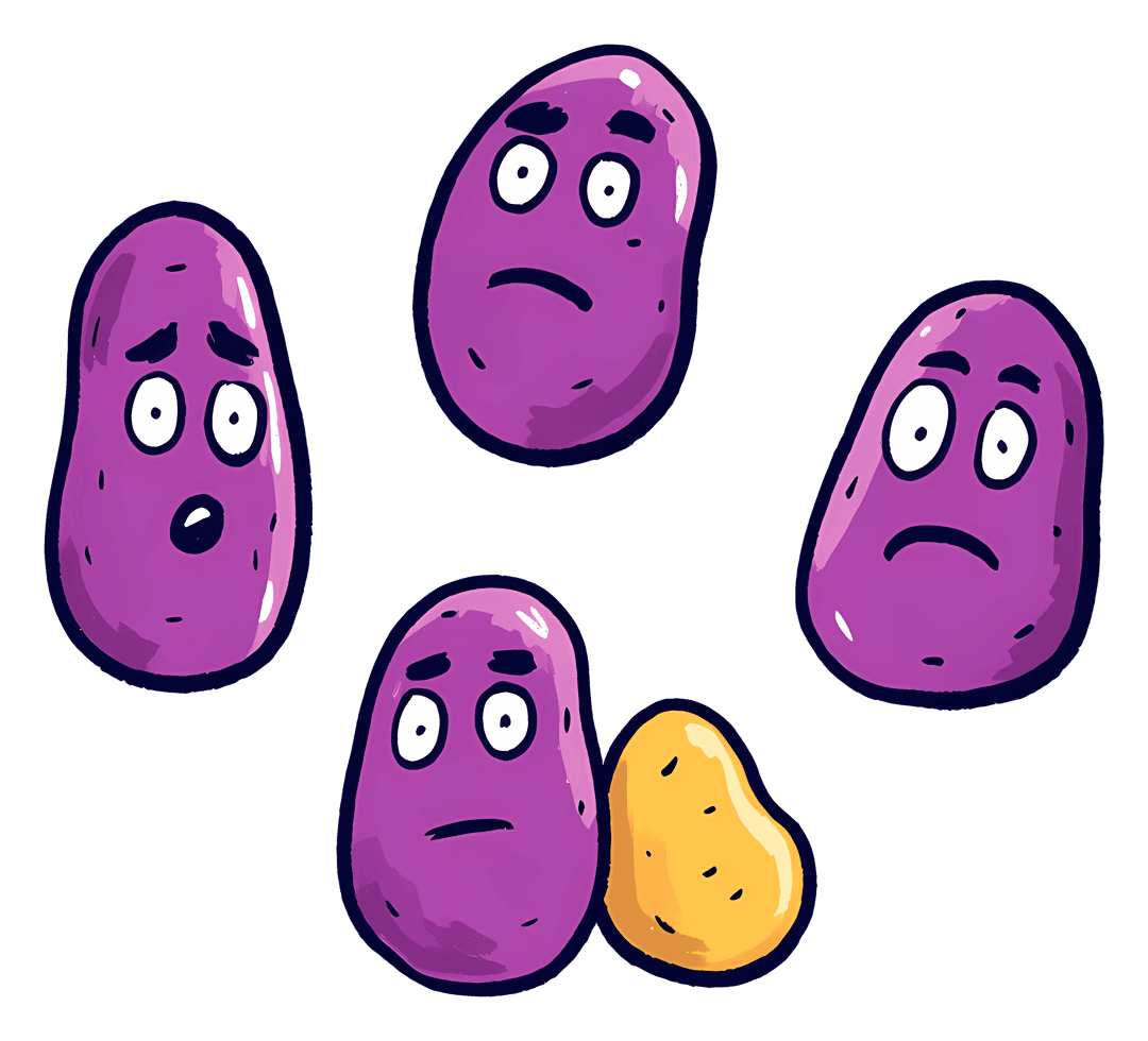 Purple bean cartoon characters feature diverse facial expressions in a flat vector style with bold outlines.