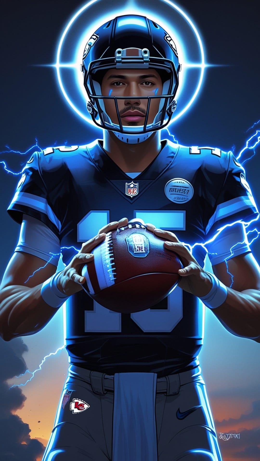Patrick Mahomes wearing a Chiefs uniform holds a football as neon lightning bolts and a glowing halo surround him.