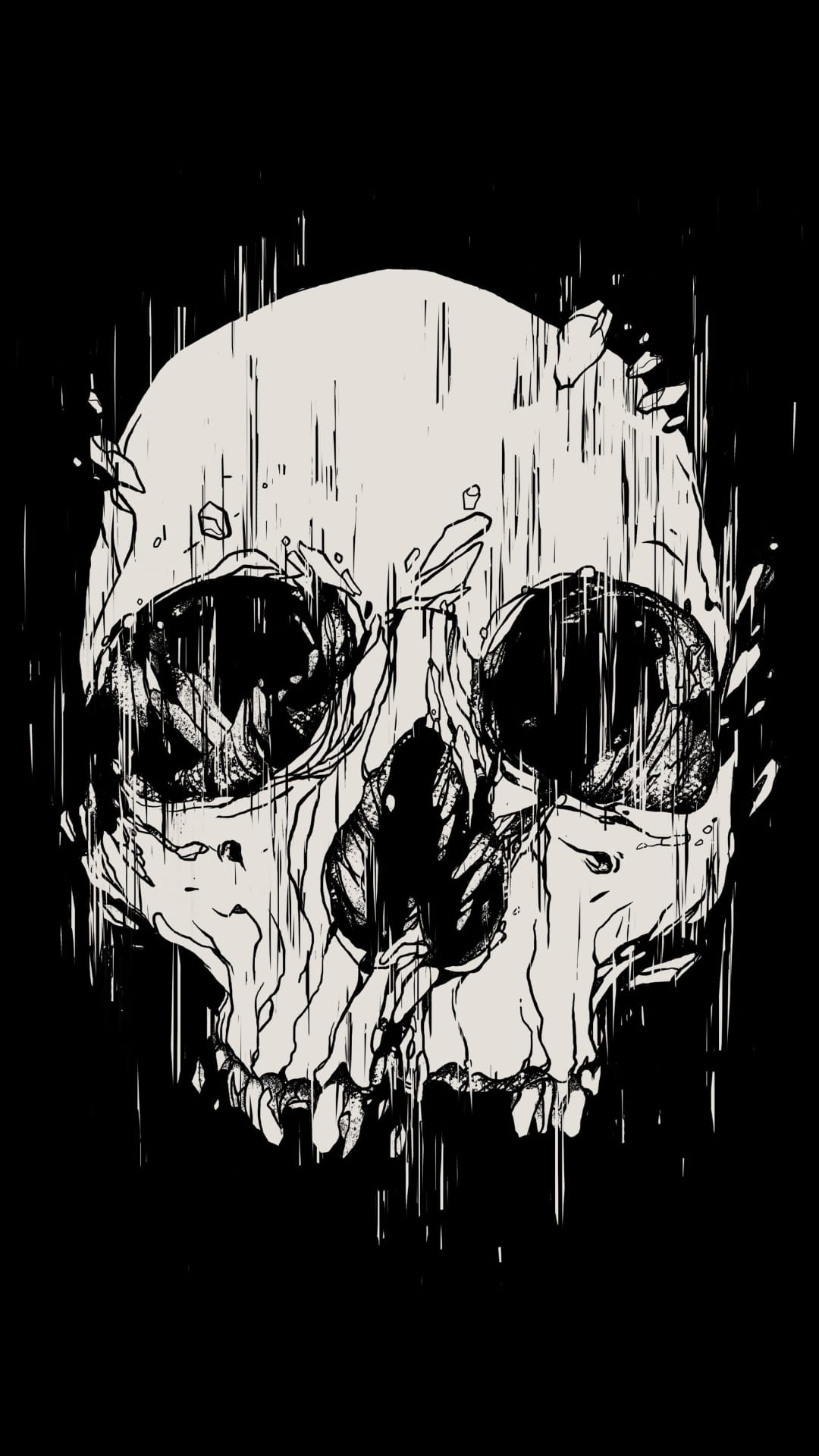 Distressed human skull face features vertical white streaks and heavy shadows against a solid black backdrop.