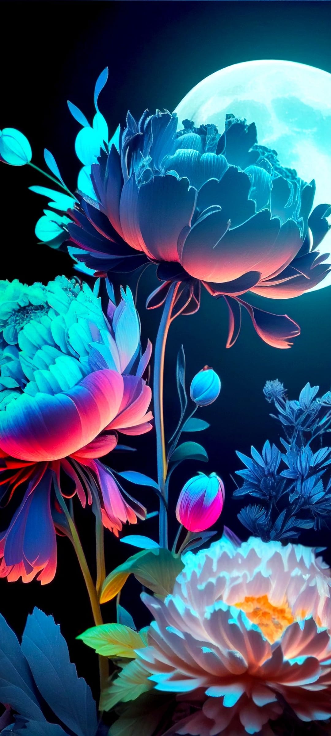 Glowing blue and pink flowers cluster beneath a large white full moon against a dark, starry night sky.