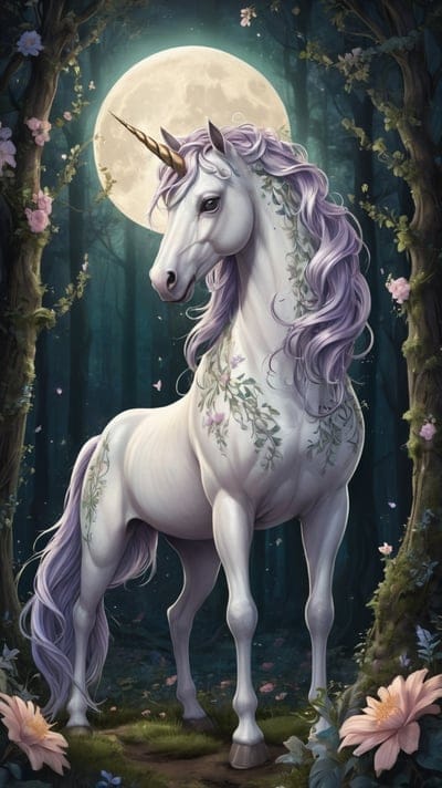 Unicorn,Moon,Forest,Flowers,Beautiful,Wallpaper,AI Art,Ai Wallpaper,Desktop Wallpaper,Artwork