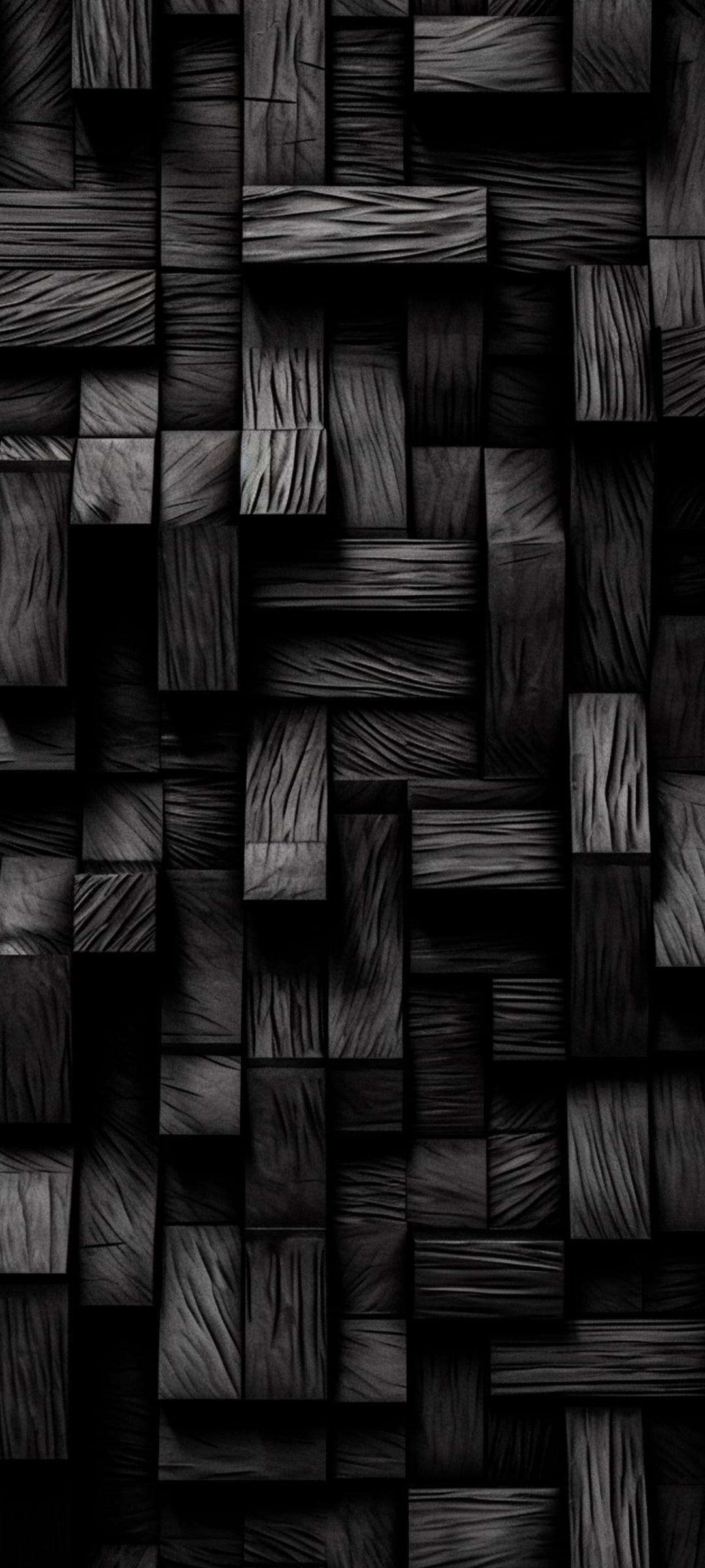 Stacked dark wooden cubes featuring deep organic grain and sharp geometric shadows in a vertical orientation.