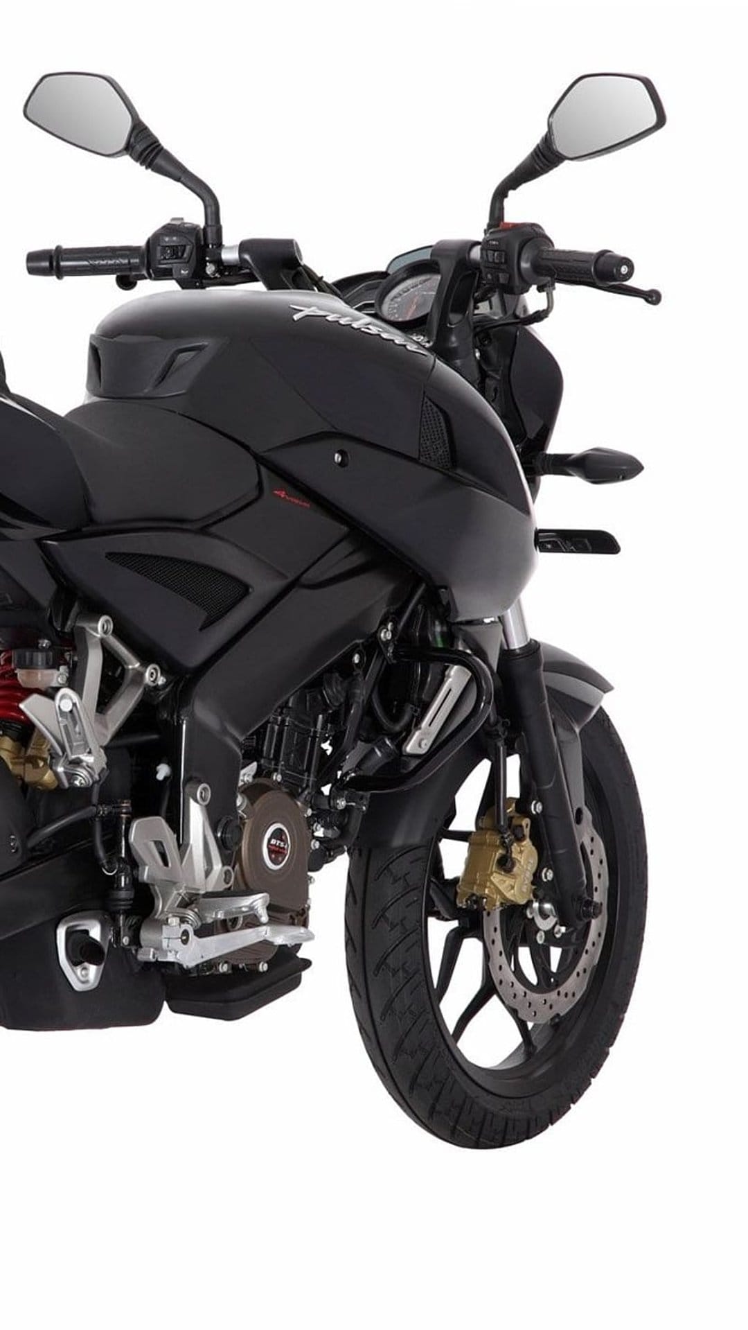 Black Bajaj Pulsar NS200 motorcycle featuring a front wheel disc brake and handlebars against a white background.