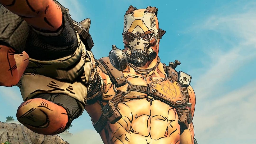 Borderlands Psycho bandit wearing a mask reaches toward the camera against a bright blue sky with rocky terrain.