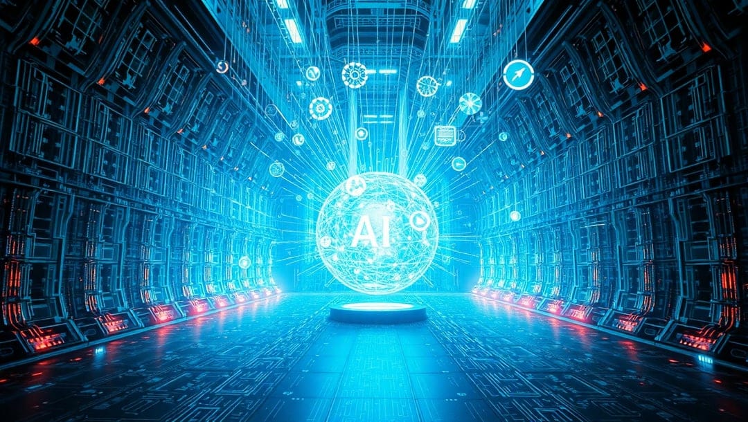 AI sphere with glowing text on a platform inside a neon blue and red circuitry tunnel with floating tech icons.