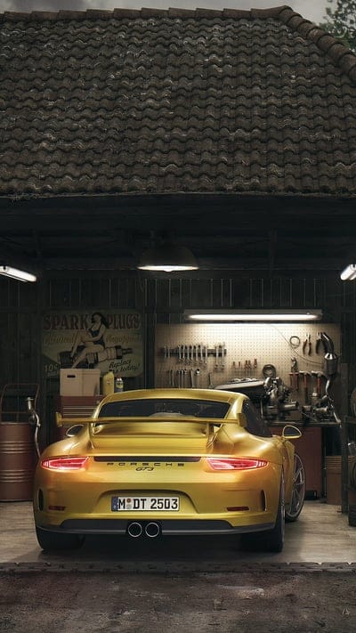 Porsche GT3, back, car, fast, garage, german, rear, super car, yellow, mobile wallpaper, android wallpaper, iPhone wallpaper, phone wallpaper