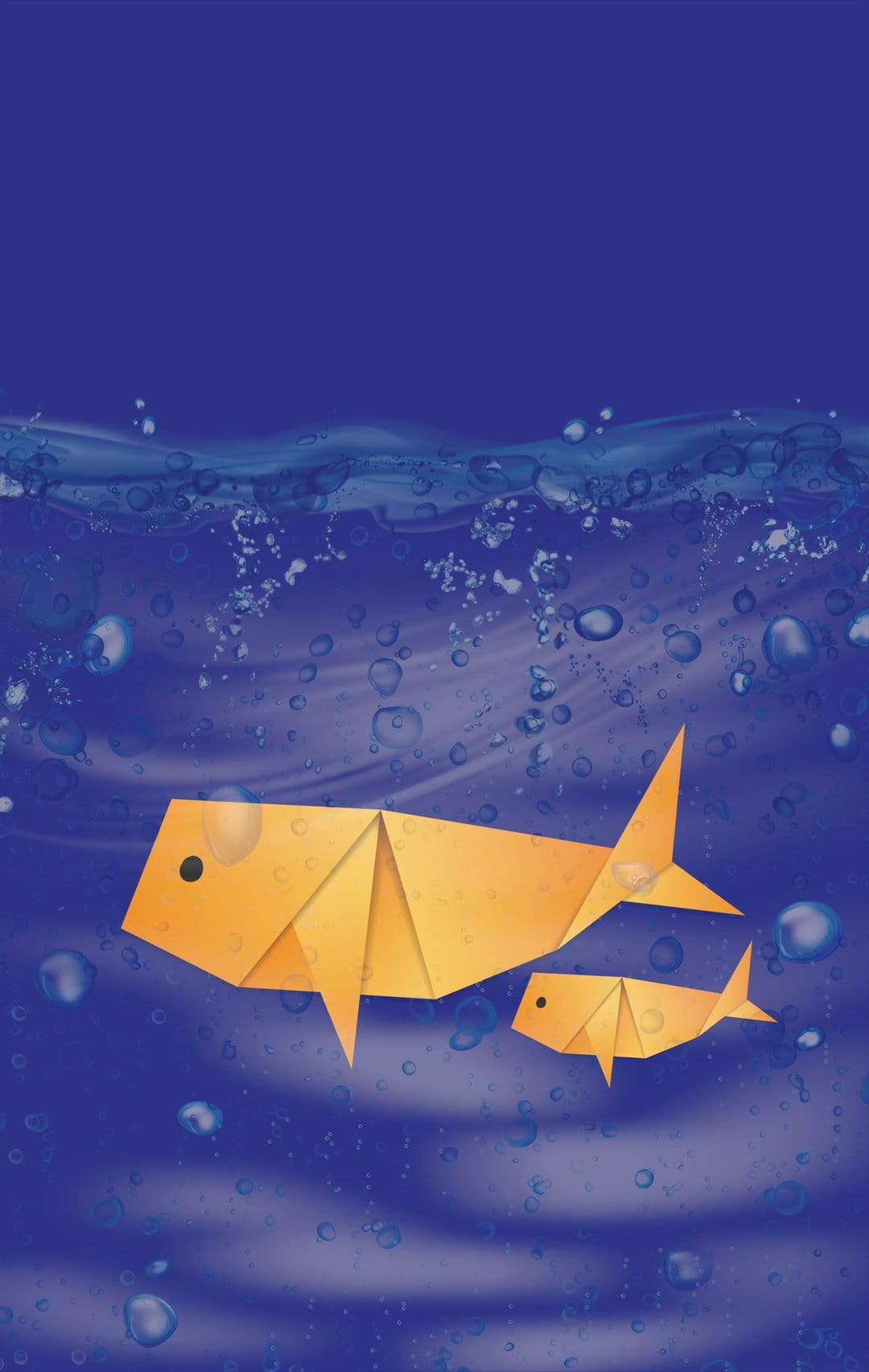 Two orange origami fish swim through deep blue water filled with shimmering bubbles and soft light rays.