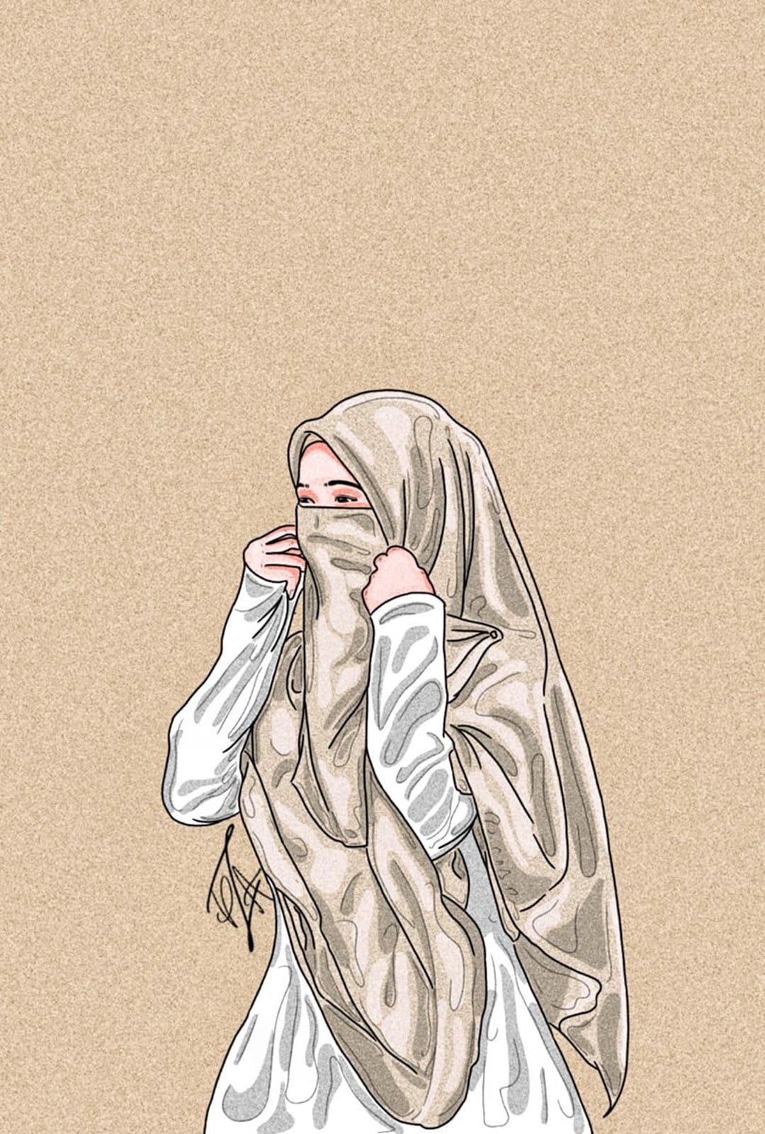 Woman in a light niqab adjusts her veil against a soft textured background with clean artistic lines.