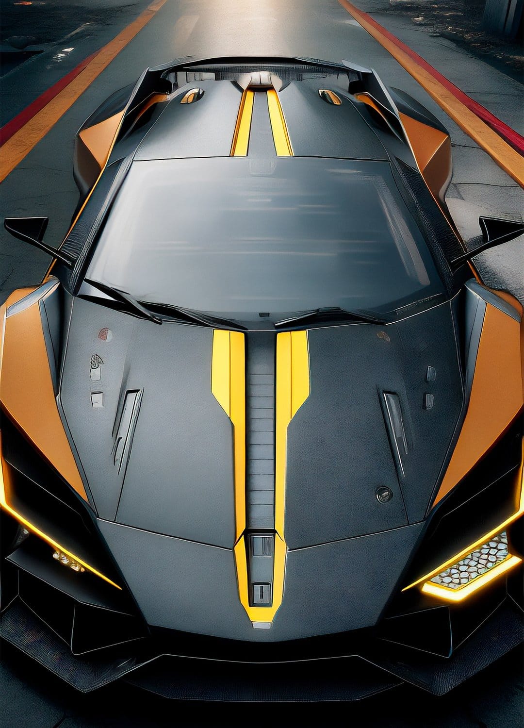 Matte black sports car with yellow racing stripes and orange panels viewed from above on a marked asphalt track.