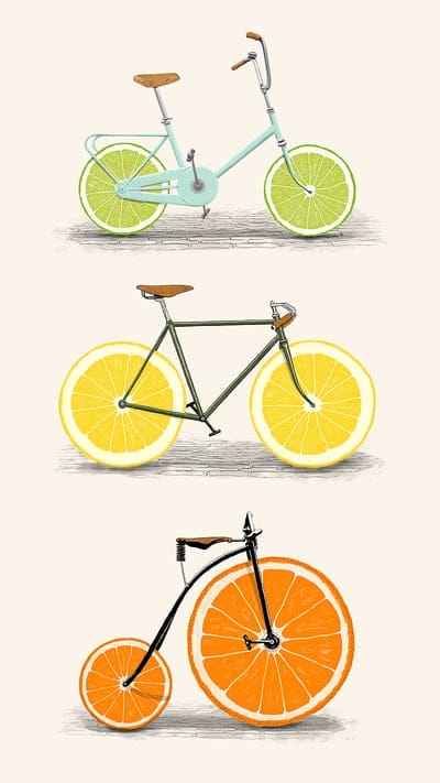 3 Vintage Fruit Bikes, Florent, beach, biclou, bicycle, bike, bodart, chain, citron, citrus, cycle, frais, fresh, gravier, green, hot, leather, lemon, metal, old, pedal, penny farthing, ride, riding, road, route, summer, tour de france, velo, wheels, yell