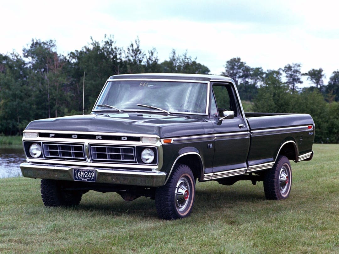1975 Ford F-150 Ranger pickup truck in dark green with chrome trim on a grassy field with trees.