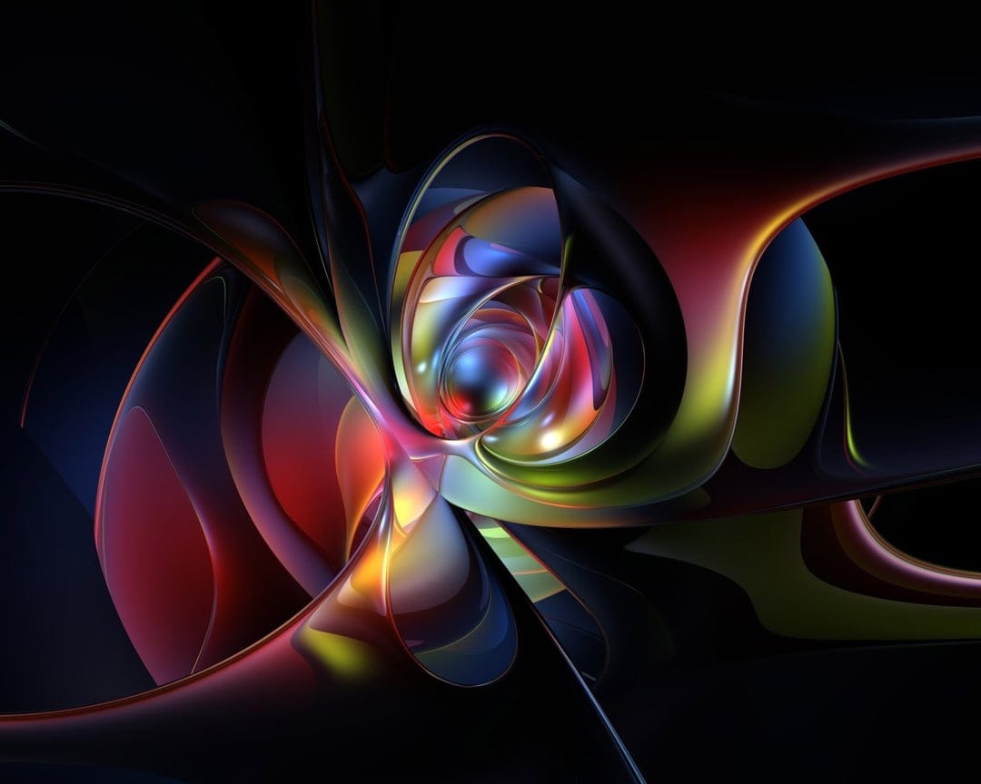 Glowing organic fractal swirls in red and blue reflect light against a dark background with deep visual depth.