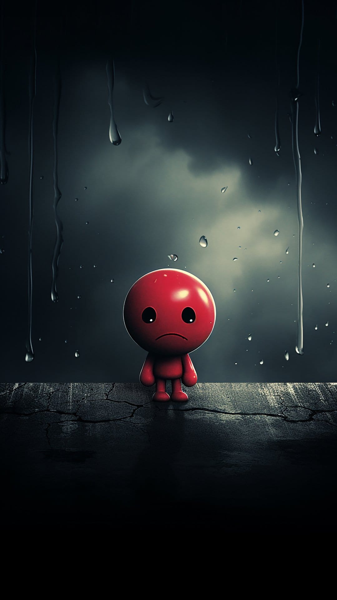 Small red character standing on a cracked ground surface under a dark rainy sky with falling water droplets.