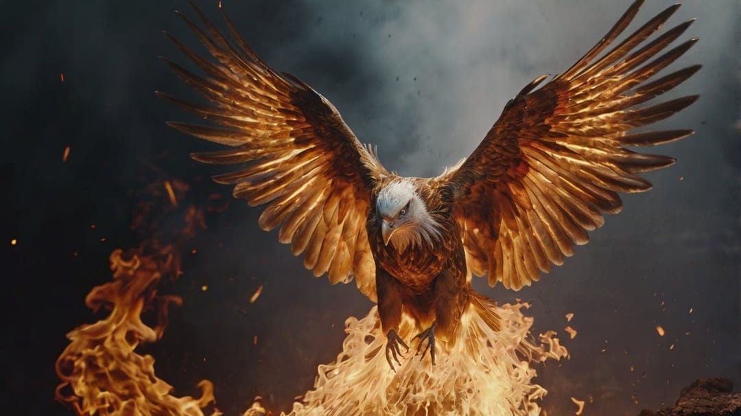 Golden eagle with burning wings rises through orange flames and dark smoke, shedding sparks and glowing embers.
