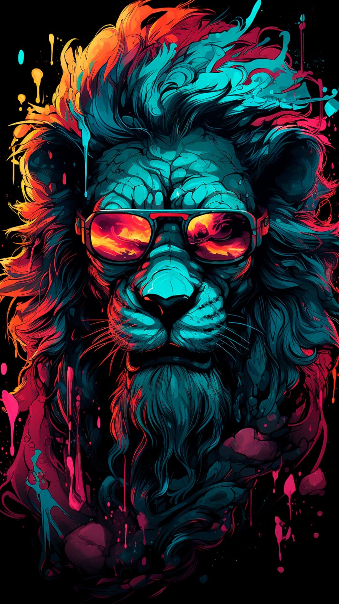 Lion head wearing luminous sunglasses with electric blue and pink paint drips against a dark background.