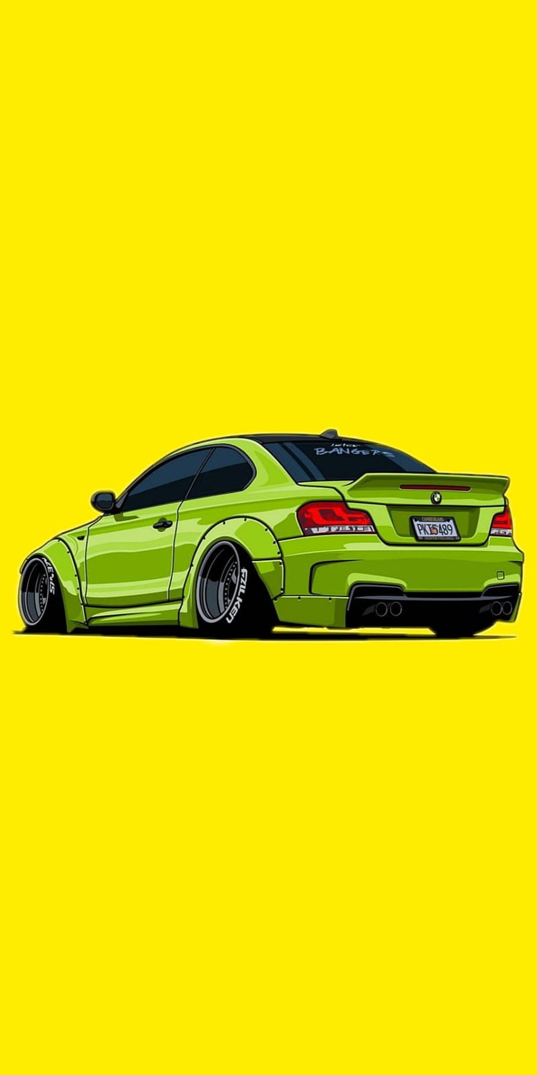 Lime green BMW M Coupe with widebody fenders and slammed stance on a bright yellow background with Falken tires.