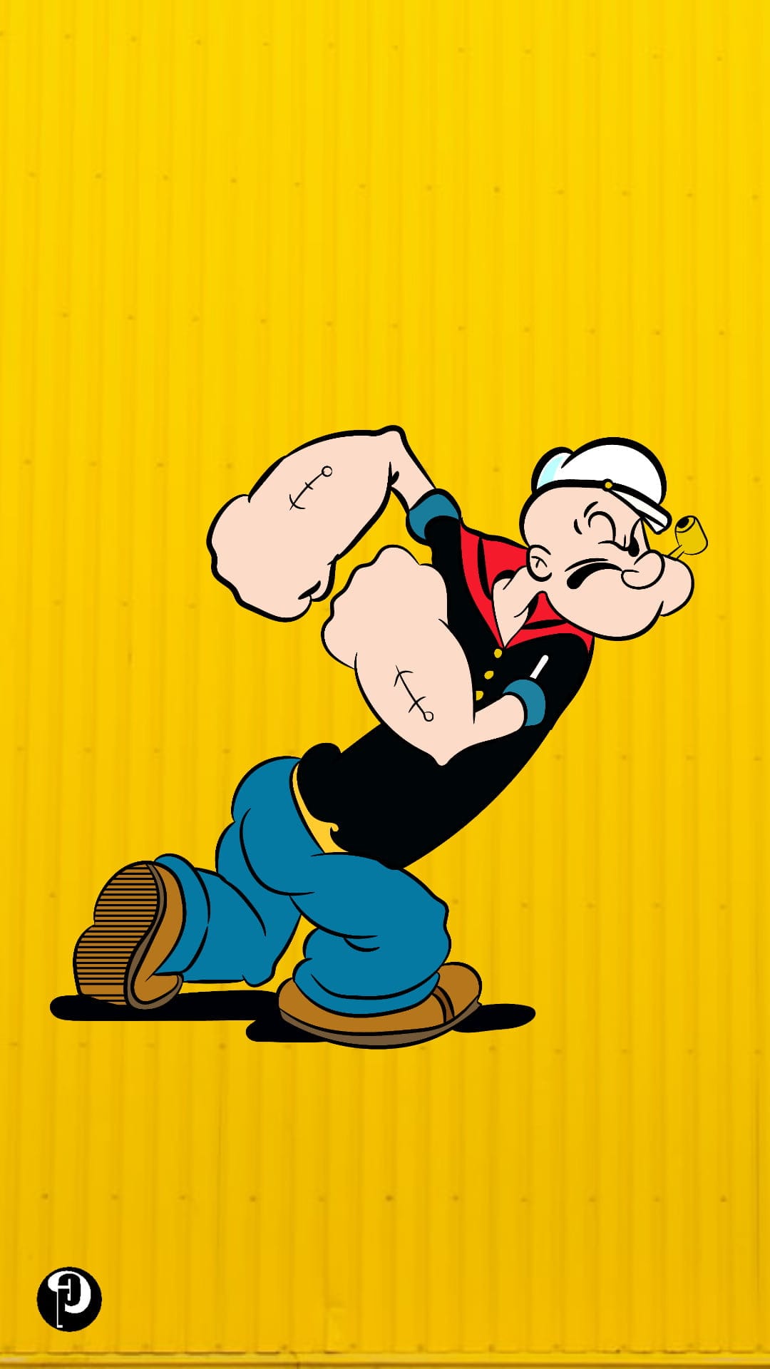 Popeye the Sailor Man flexes a muscular arm while smoking a pipe against a bright, textured yellow background.
