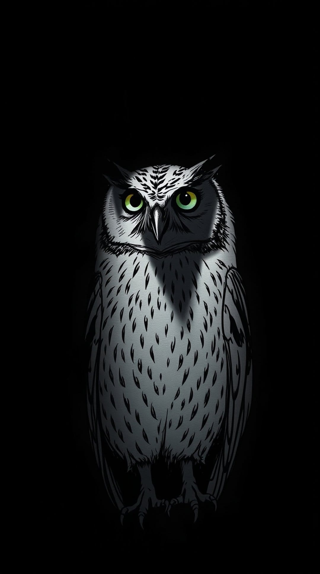 Owl with glowing green eyes and detailed grey feathers emerges from a dark, pitch-black background shadow.