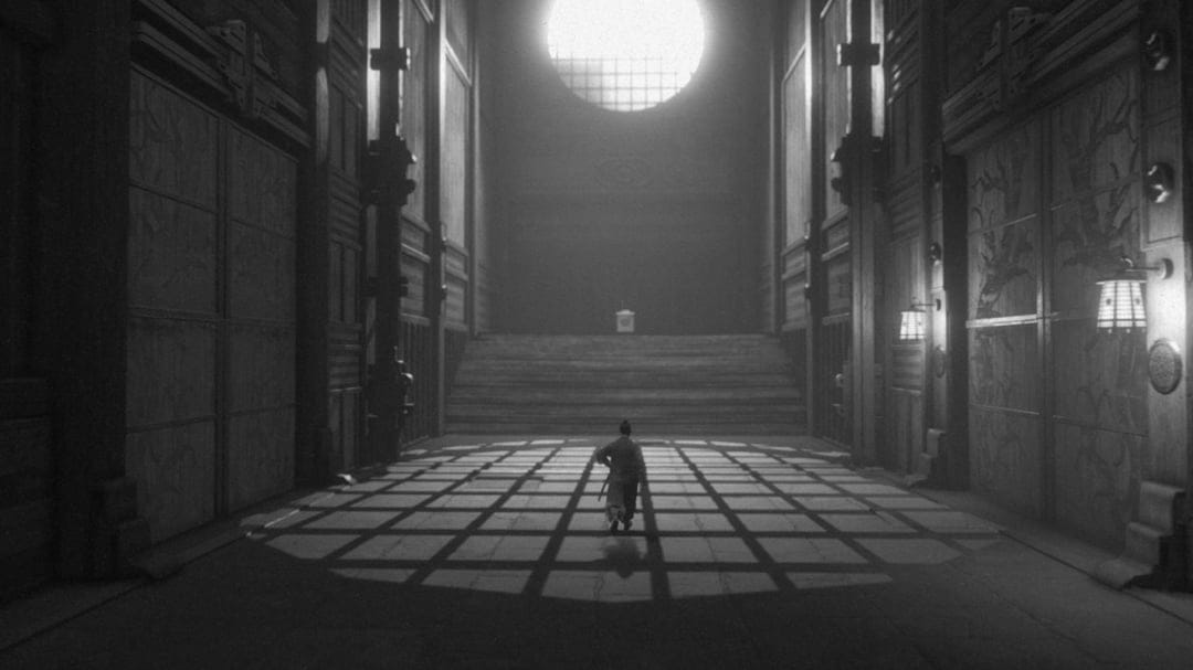 Samurai walking in a dark wooden hall toward a bright circular window casting grid shadows on the floor.