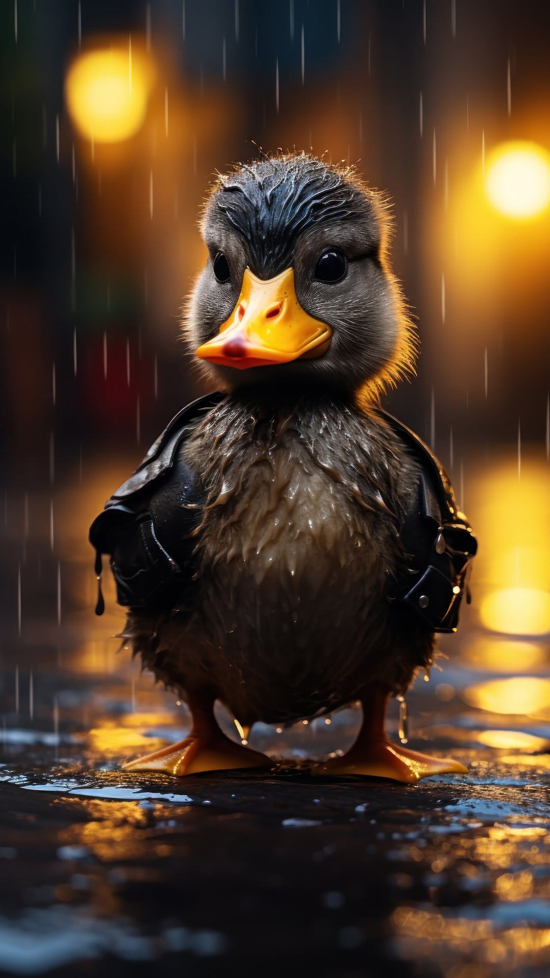 Duckling in a miniature leather jacket stands on a wet street at night with glowing yellow bokeh lights behind it.