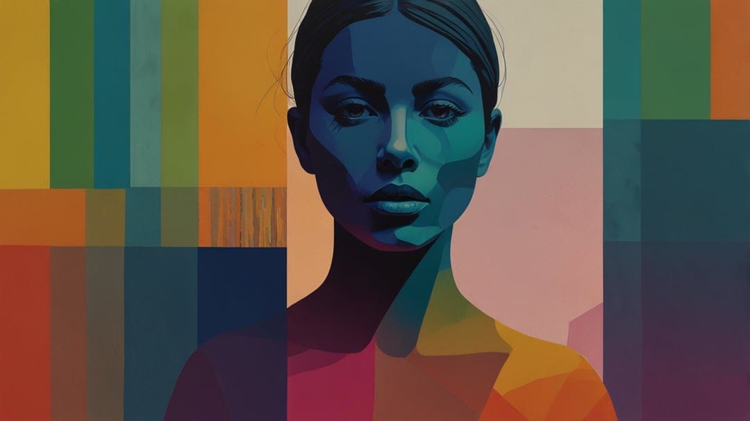 Woman with a blue face surrounded by multicolored geometric shapes, sharp lines, and vibrant color blocking.