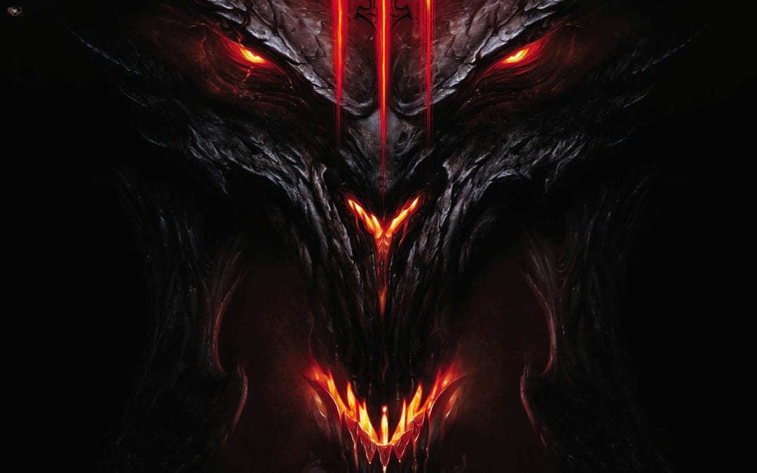 Close-up of a demonic face with glowing red eyes, three forehead lines, and a fiery mouth on a dark background.