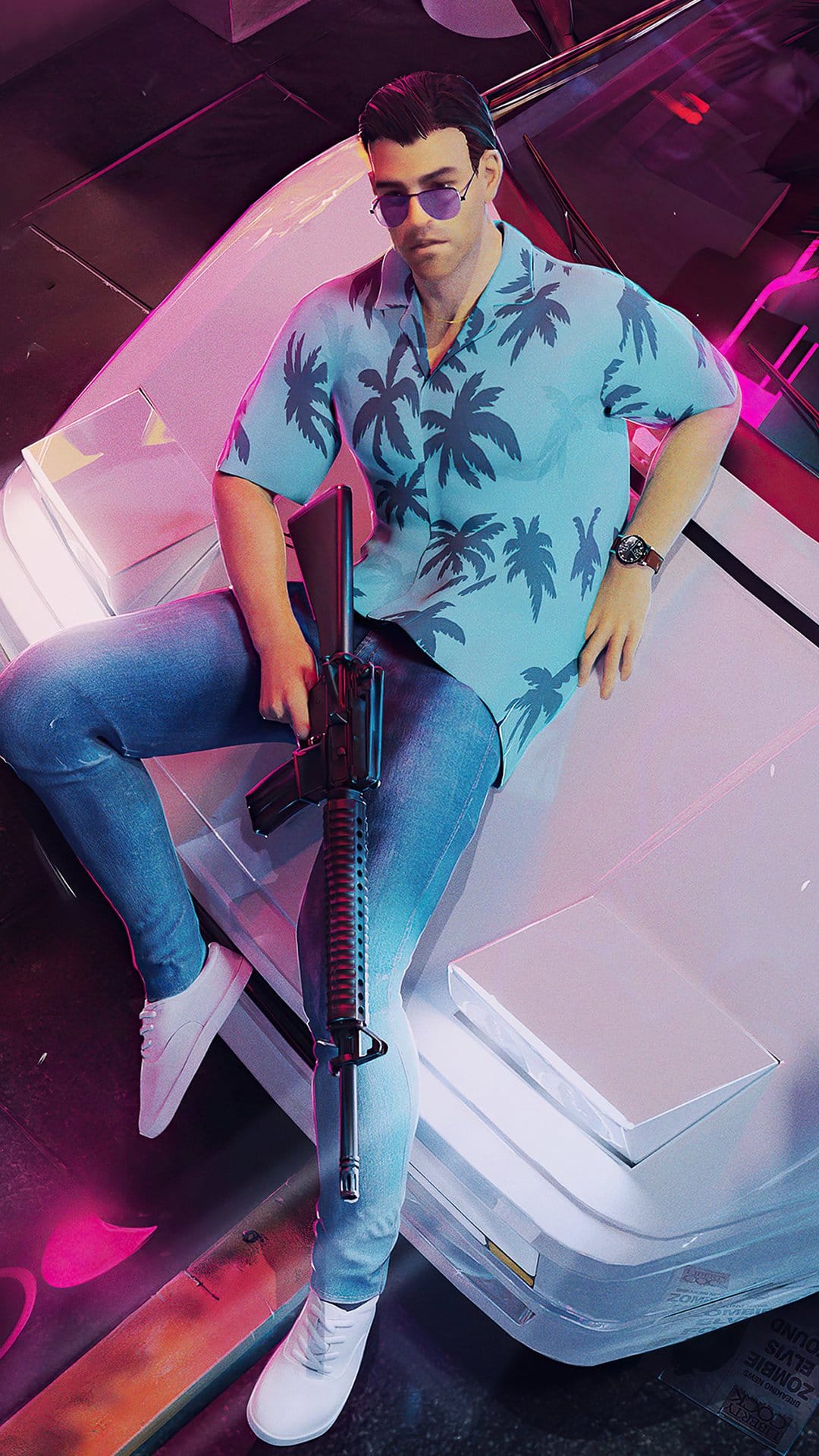 Man in a light blue Hawaiian shirt and sunglasses sits on a white car hood holding a rifle under neon lights.