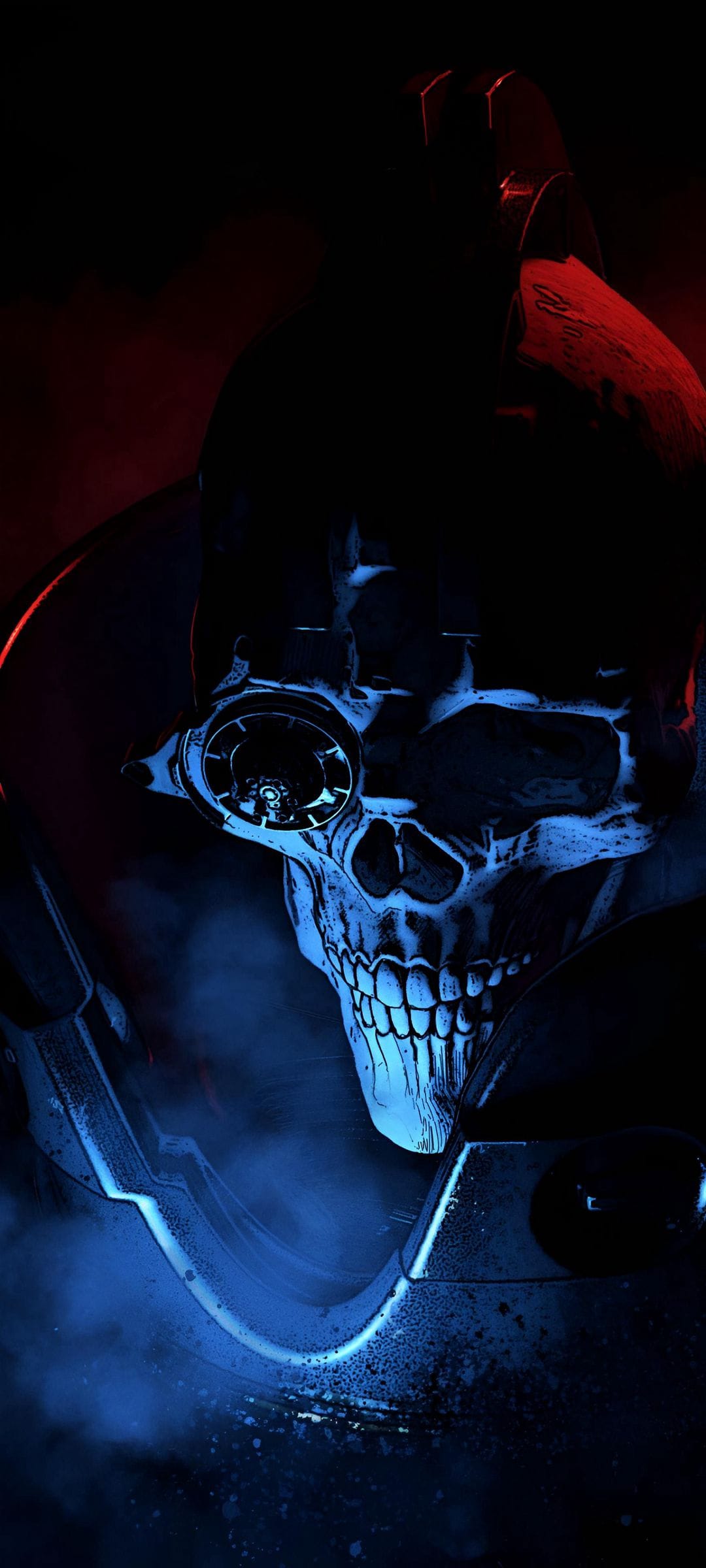 Cybernetic skull with glowing eyes and intricate metallic armor plating illuminated by red and blue neon light.