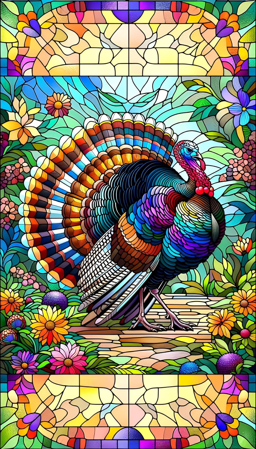 Majestic turkey with iridescent fanned feathers sits among colorful flowers inside a stained glass mosaic frame.