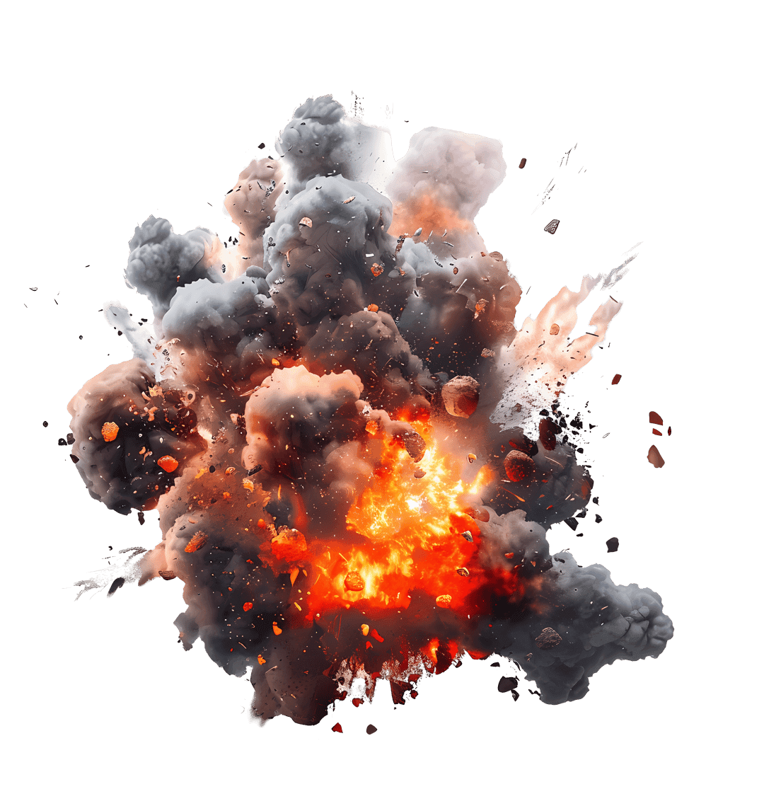 Large fireball explosion features intense orange flames and dark smoke plumes against a transparent background.