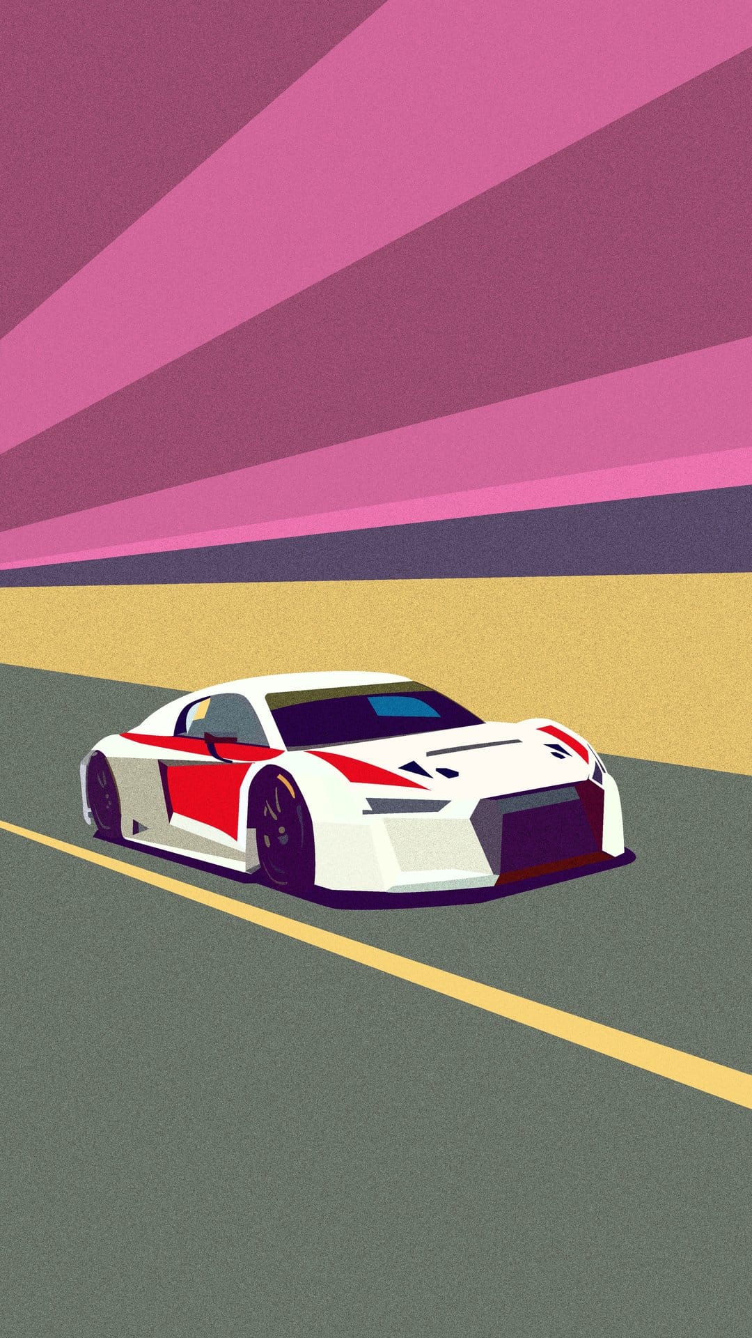 White race car with red stripes driving on a grey road against a background of pink and purple geometric shapes.