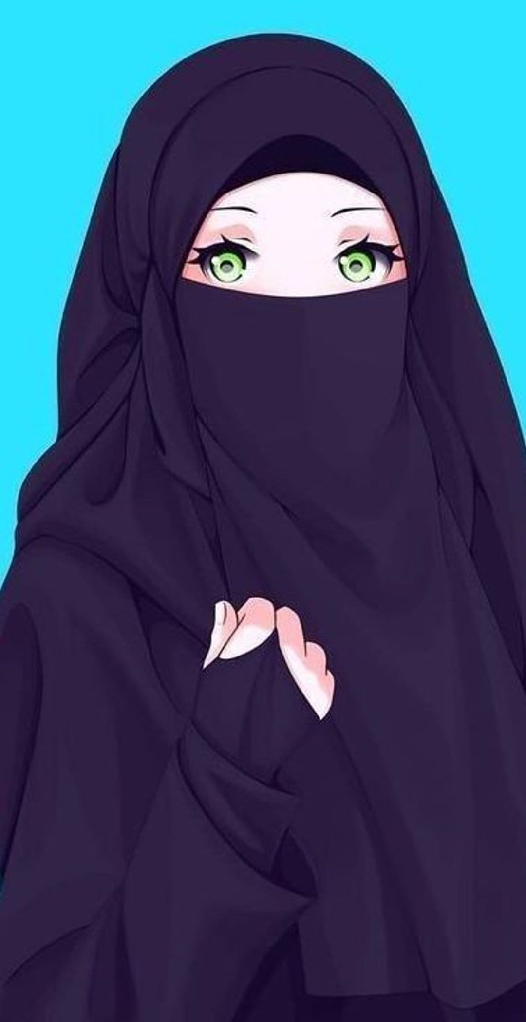 Woman in a purple niqab with vivid green eyes and fair skin posing against a bright blue studio backdrop.