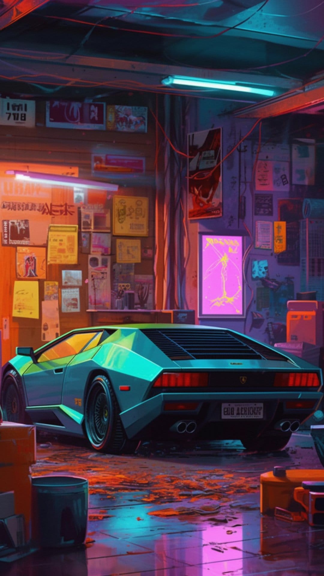 Teal sports car parked in a dark garage with glowing blue and orange neon lights reflecting on the sleek body.