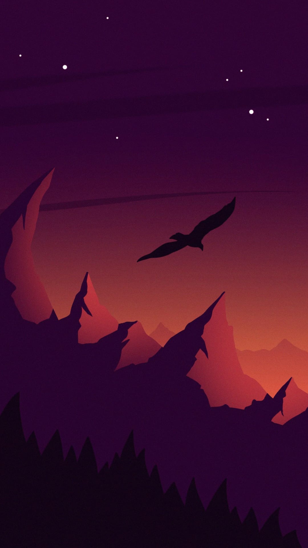 Bird silhouette soaring over sharp mountain peaks under a purple and orange sunset sky with faint distant stars.