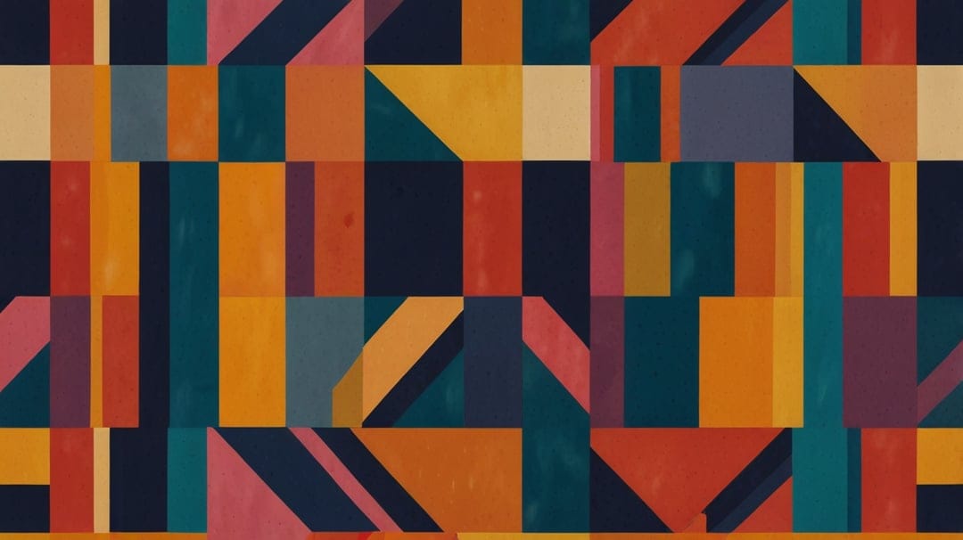 Overlapping rectangles and triangles in mustard yellow, burnt orange, and teal create a dense geometric pattern.