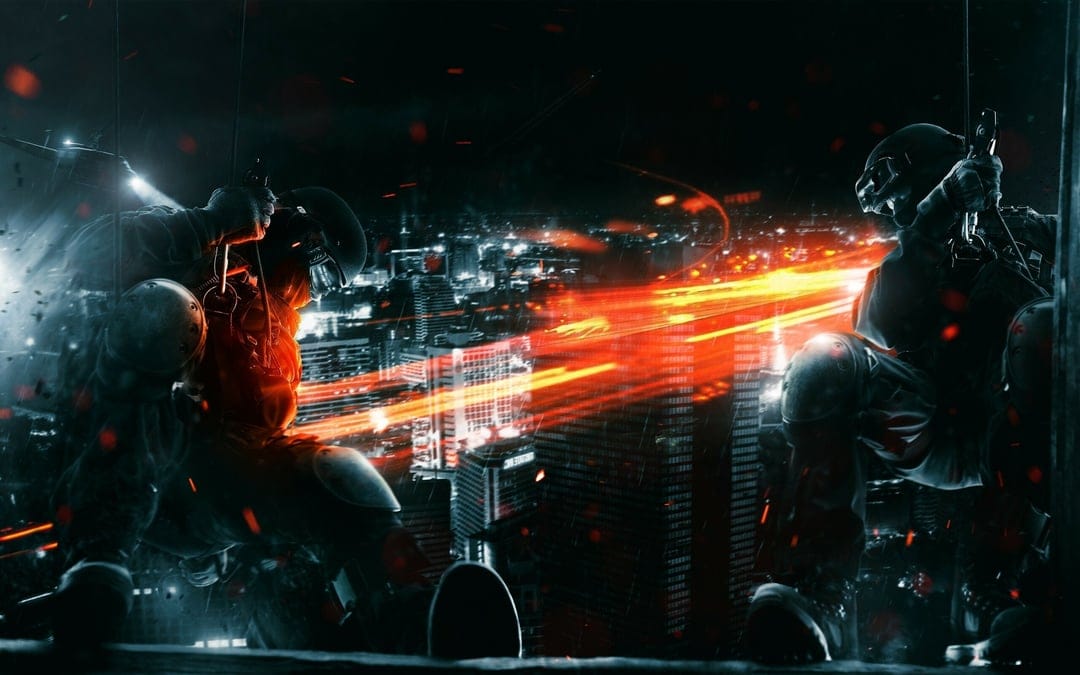 Two soldiers rappelling down a building at night with orange light streaks and a blurred city skyline background.