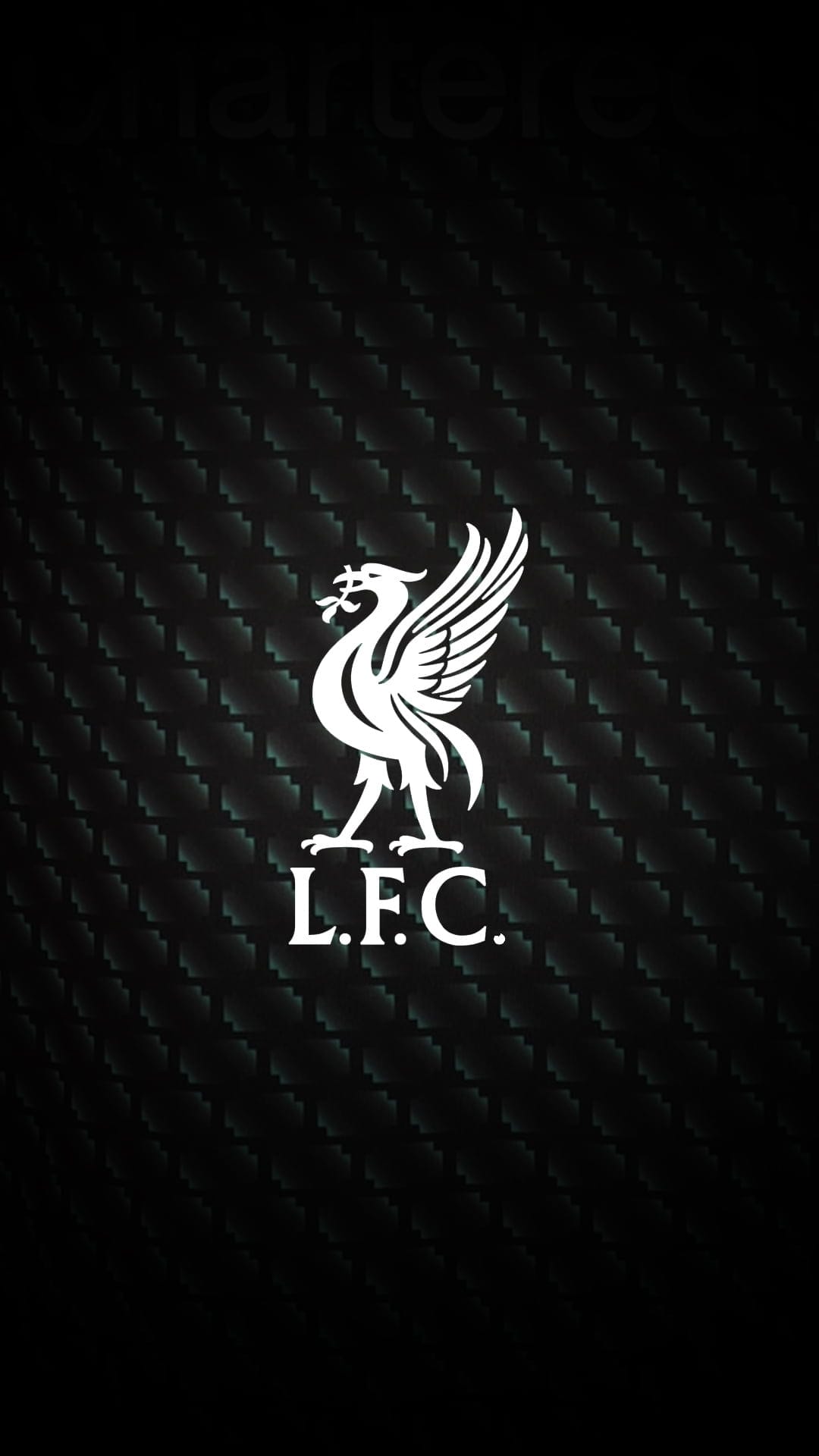 White Liverpool FC Liverbird emblem and L.F.C. text centered on a black textured carbon fiber background.