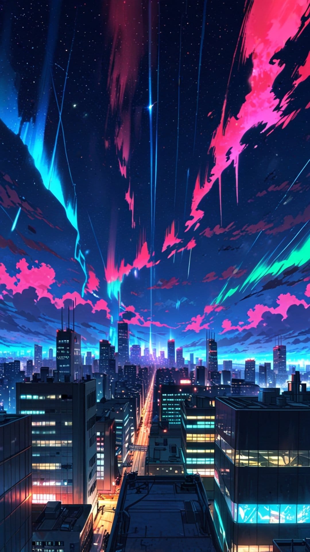 Neon-lit skyscrapers reach toward a vibrant green and pink aurora dancing across a dark metropolitan night sky.