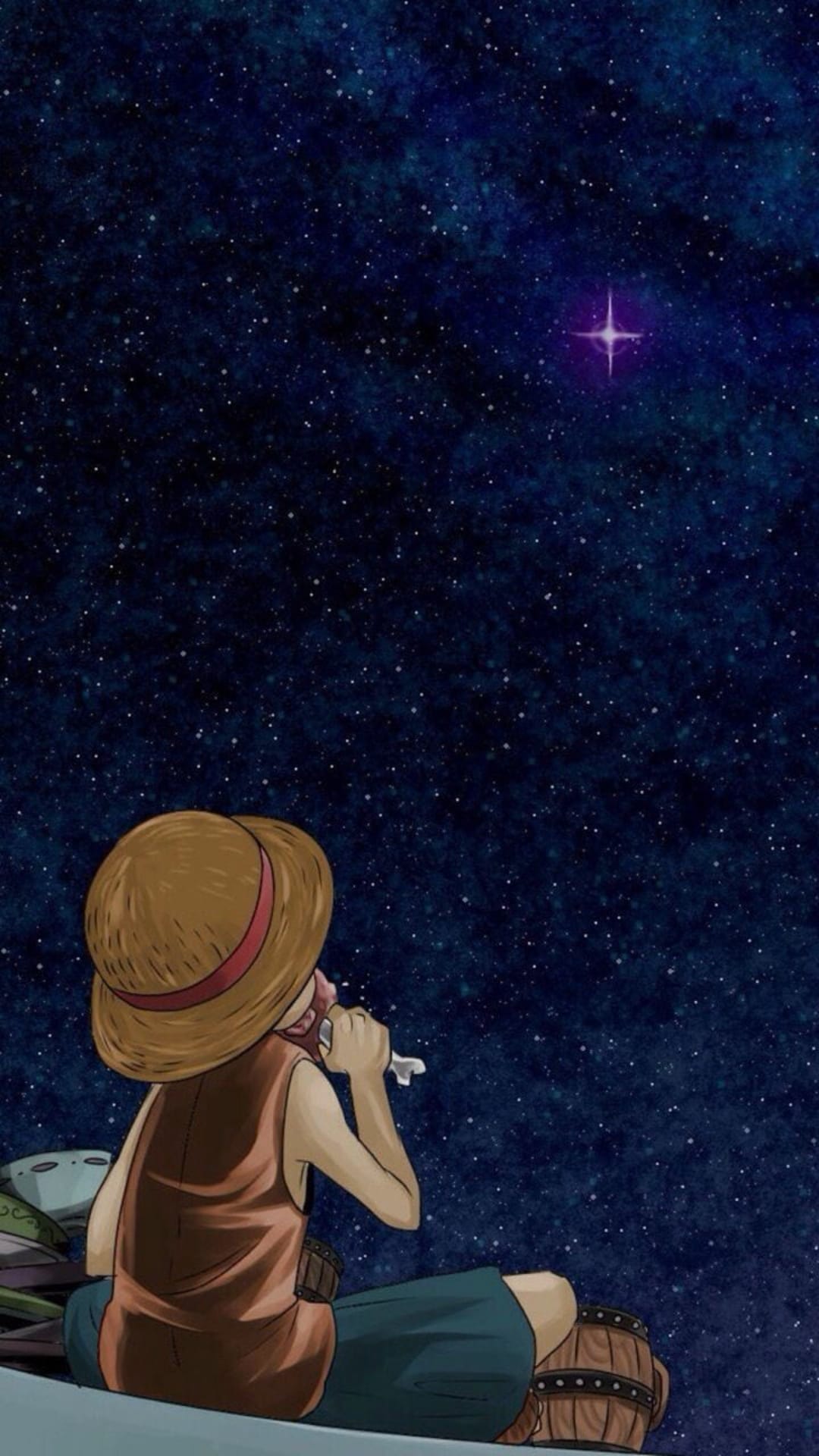 Boy wearing a straw hat sits looking up at a dark blue night sky filled with stars and one bright glowing light.