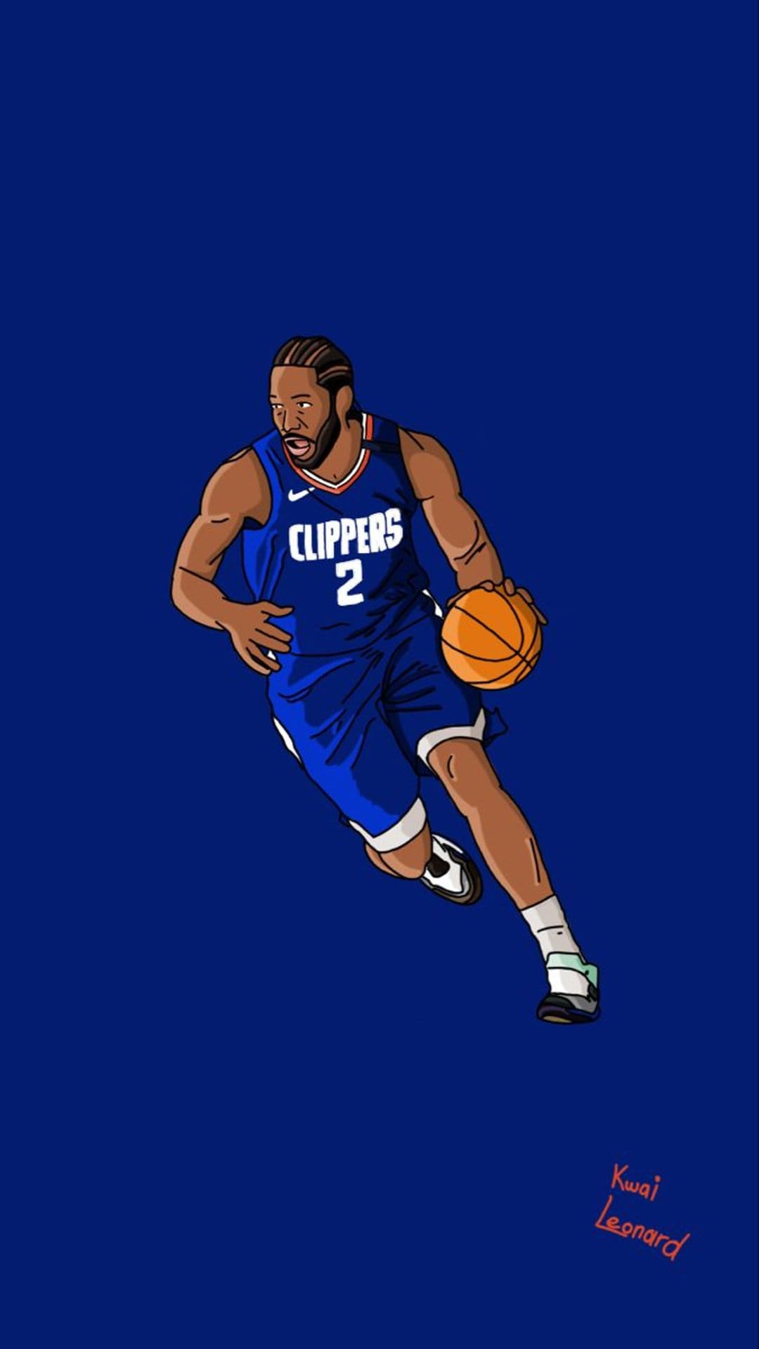 Kawhi Leonard dribbling a basketball while wearing a blue number two jersey with a small red signature.