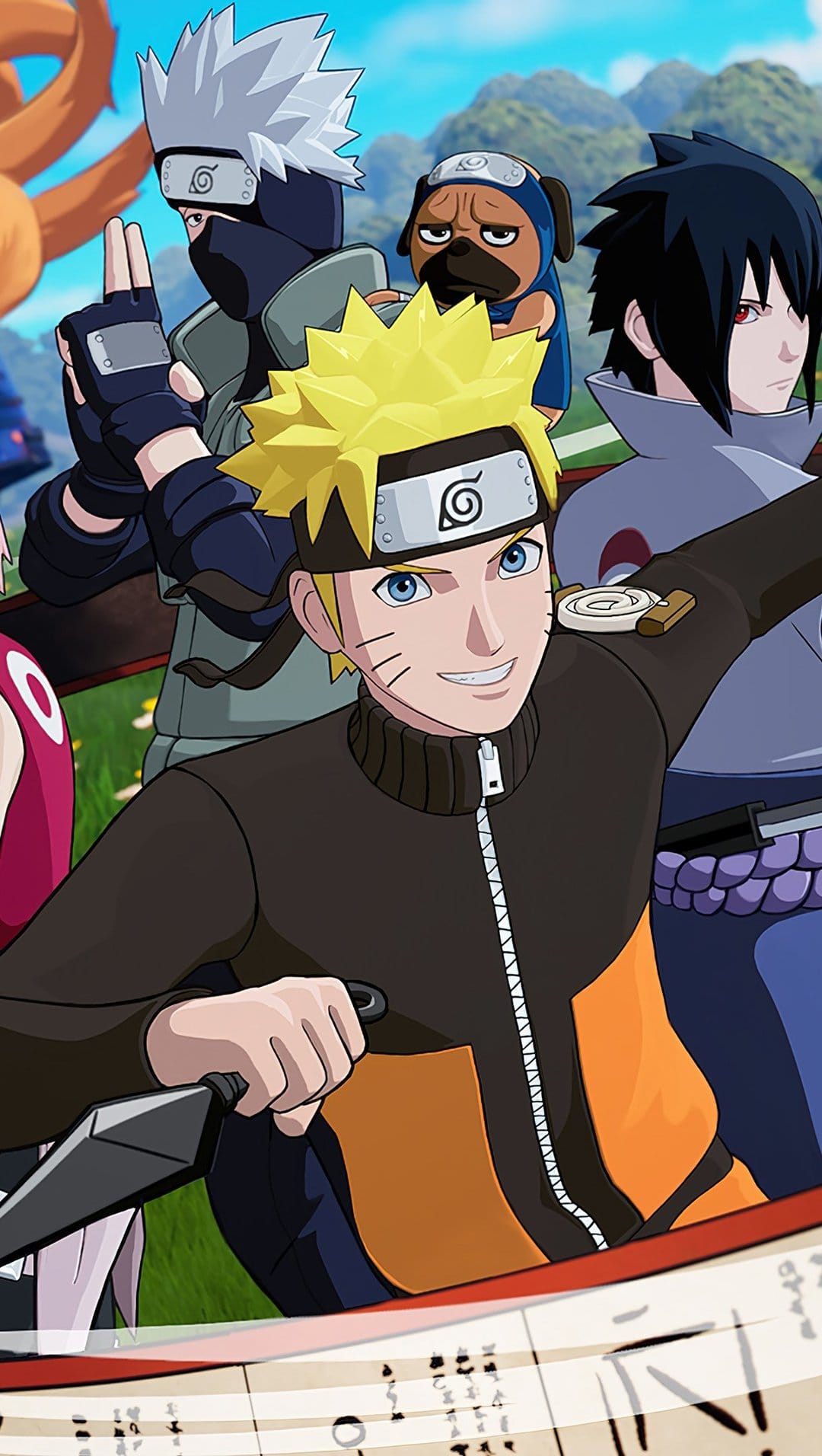 Naruto Uzumaki holds a kunai alongside Sasuke, Kakashi, and Akamaru against a bright mountain landscape.