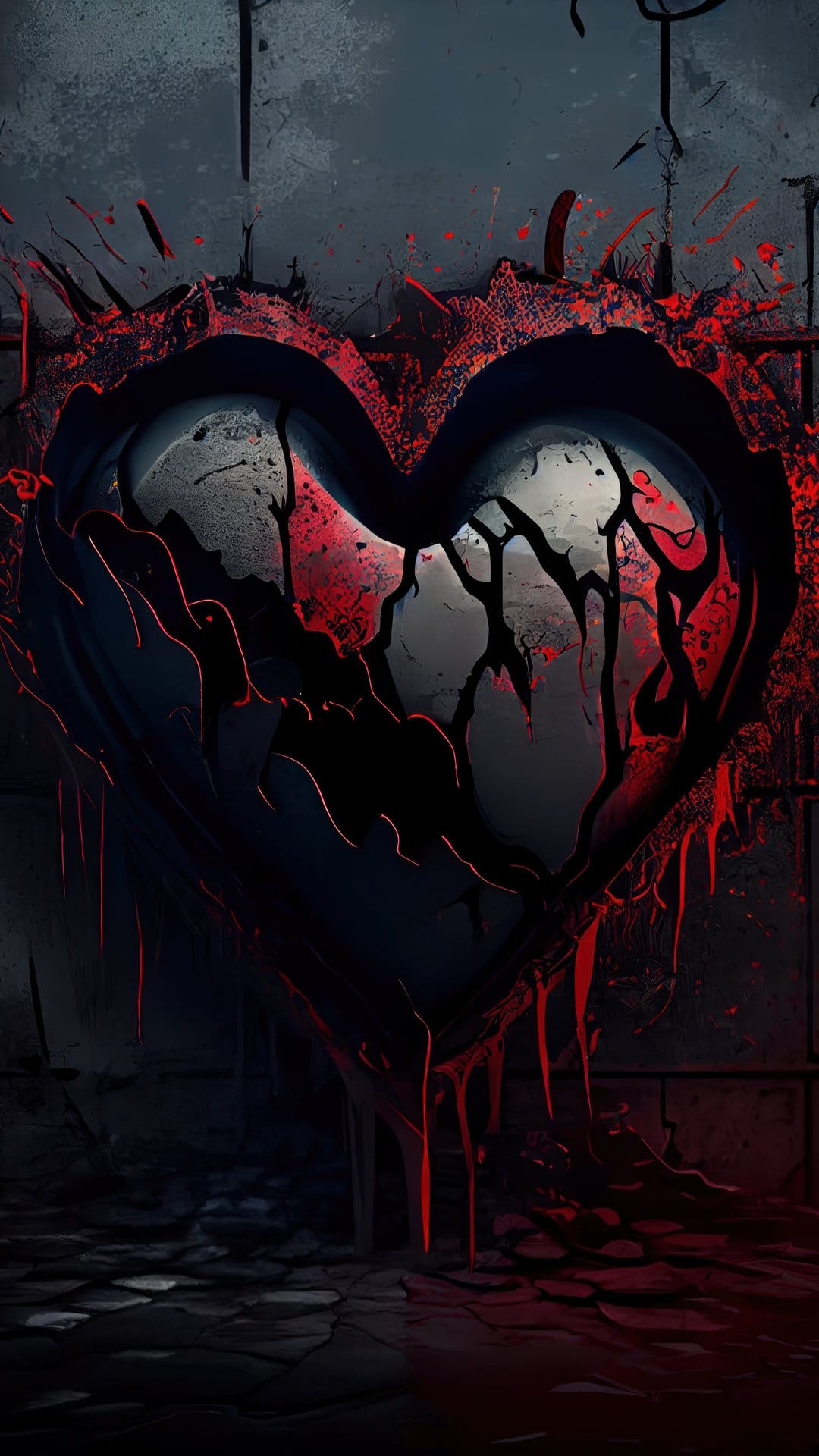 Shattered black heart with vibrant red paint splatters and deep fissures against a dark shadowed background.